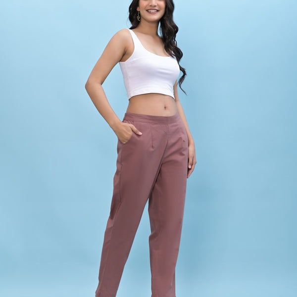 Juniper Women's Mauve Solid Cotton Pants with Partially Elasticated Waistband and Two Side Pockets - Distacart