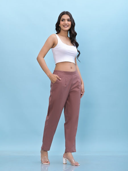 Juniper Women's Mauve Solid Cotton Pants with Partially Elasticated Waistband and Two Side Pockets - Distacart