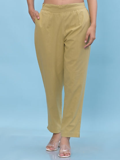 Juniper Women's Olive Solid Cotton Pants with Partially Elasticated Waistband and Two Side Pockets - Distacart