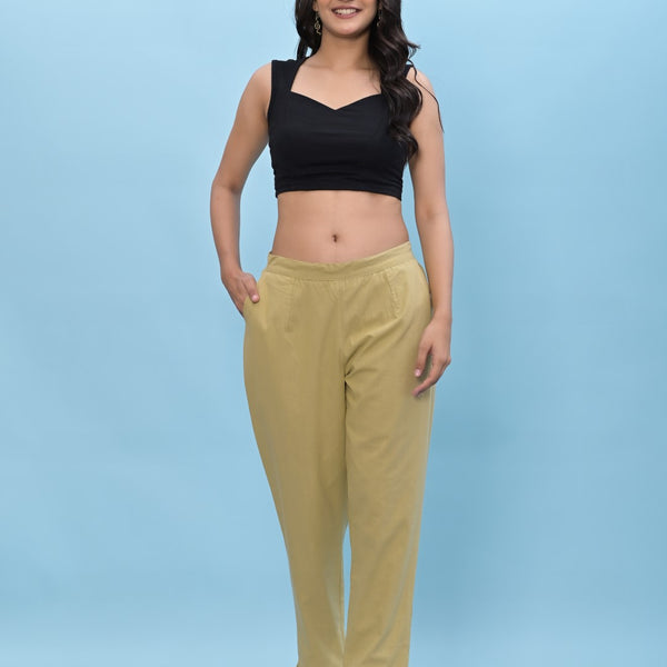 Juniper Women's Olive Solid Cotton Pants with Partially Elasticated Waistband and Two Side Pockets - Distacart