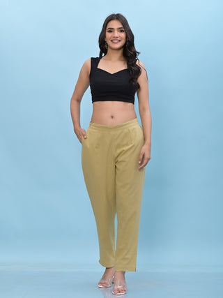 Juniper Women's Olive Solid Cotton Pants with Partially Elasticated Waistband and Two Side Pockets - Distacart