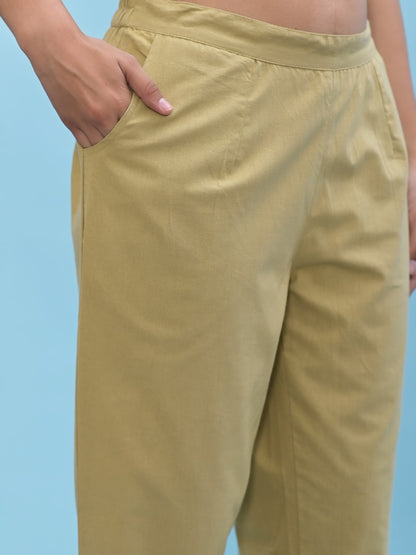 Juniper Women's Olive Solid Cotton Pants with Partially Elasticated Waistband and Two Side Pockets - Distacart