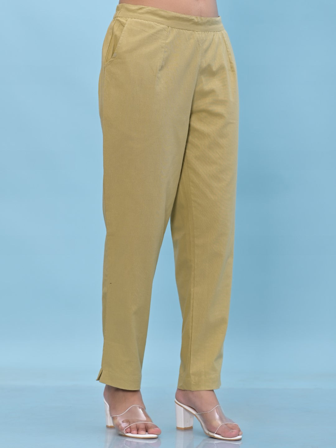 Juniper Women's Olive Solid Cotton Pants with Partially Elasticated Waistband and Two Side Pockets - Distacart