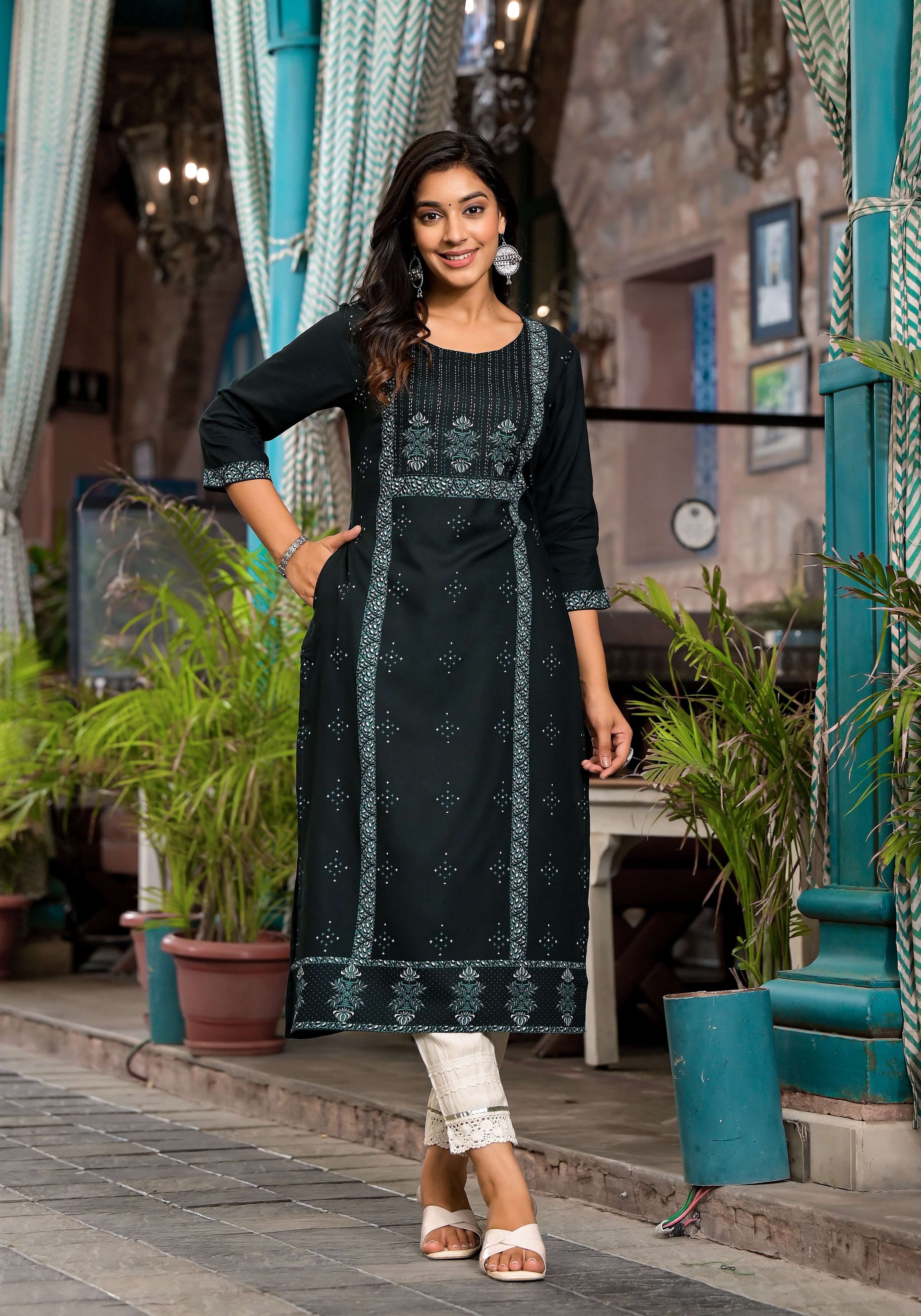 Juniper Women's Bottle Green Ethnic Motif Printed Rayon Kurta With Straight Hemline - Distacart