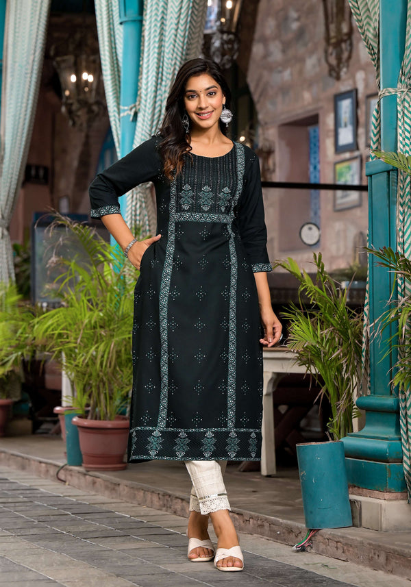 Juniper Women's Bottle Green Ethnic Motif Printed Rayon Kurta With Straight Hemline - Distacart
