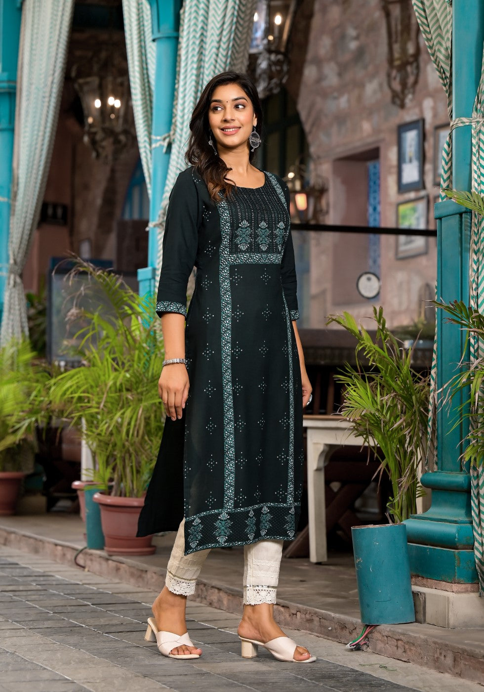 Juniper Women's Bottle Green Ethnic Motif Printed Rayon Kurta With Straight Hemline - Distacart