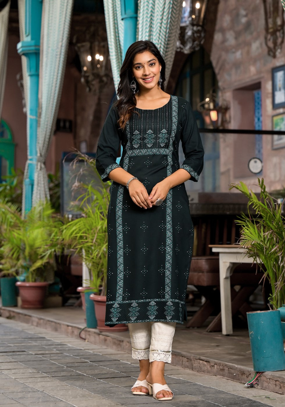 Juniper Women's Bottle Green Ethnic Motif Printed Rayon Kurta With Straight Hemline - Distacart