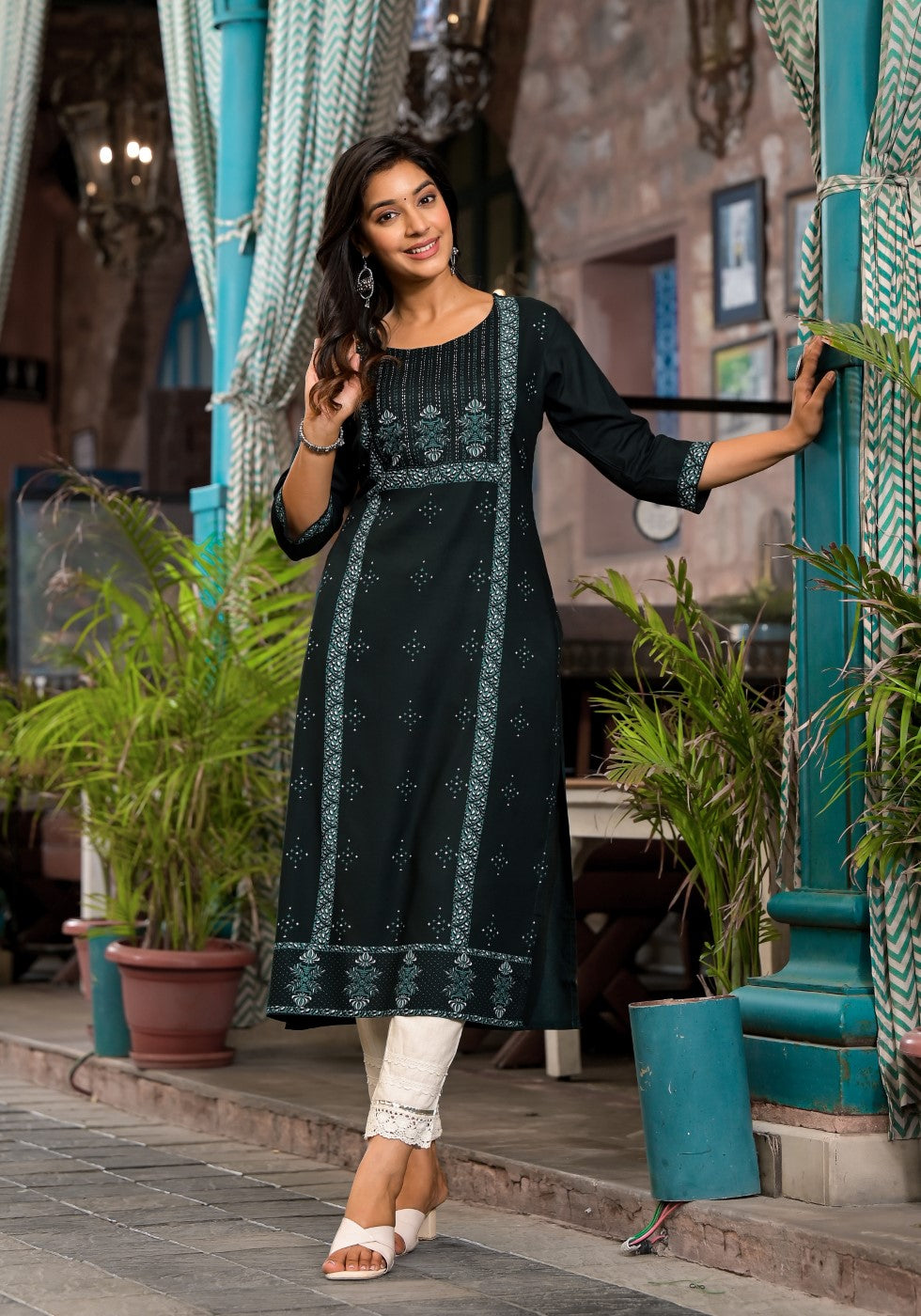 Juniper Women's Bottle Green Ethnic Motif Printed Rayon Kurta With Straight Hemline - Distacart