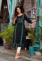 Thumbnail for Juniper Women's Bottle Green Ethnic Motif Printed Rayon Kurta With Straight Hemline - Distacart
