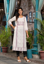 Thumbnail for Juniper Women's White Ethnic Motif Printed Rayon Round NeckKurta With Straight Hemline - Distacart