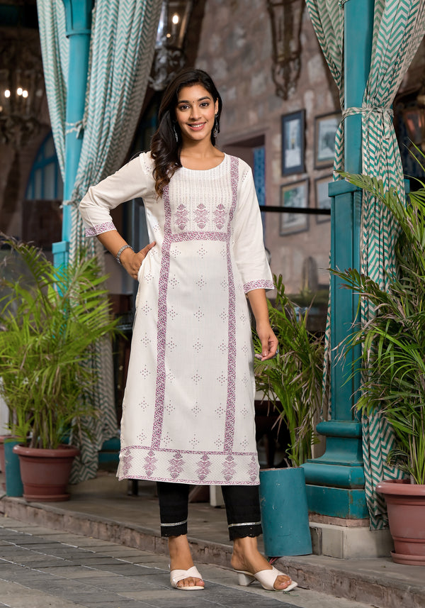 Juniper Women's White Ethnic Motif Printed Rayon Round NeckKurta With Straight Hemline - Distacart