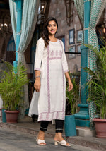 Thumbnail for Juniper Women's White Ethnic Motif Printed Rayon Round NeckKurta With Straight Hemline - Distacart