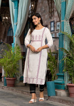 Thumbnail for Juniper Women's White Ethnic Motif Printed Rayon Round NeckKurta With Straight Hemline - Distacart