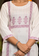 Thumbnail for Juniper Women's White Ethnic Motif Printed Rayon Round NeckKurta With Straight Hemline - Distacart