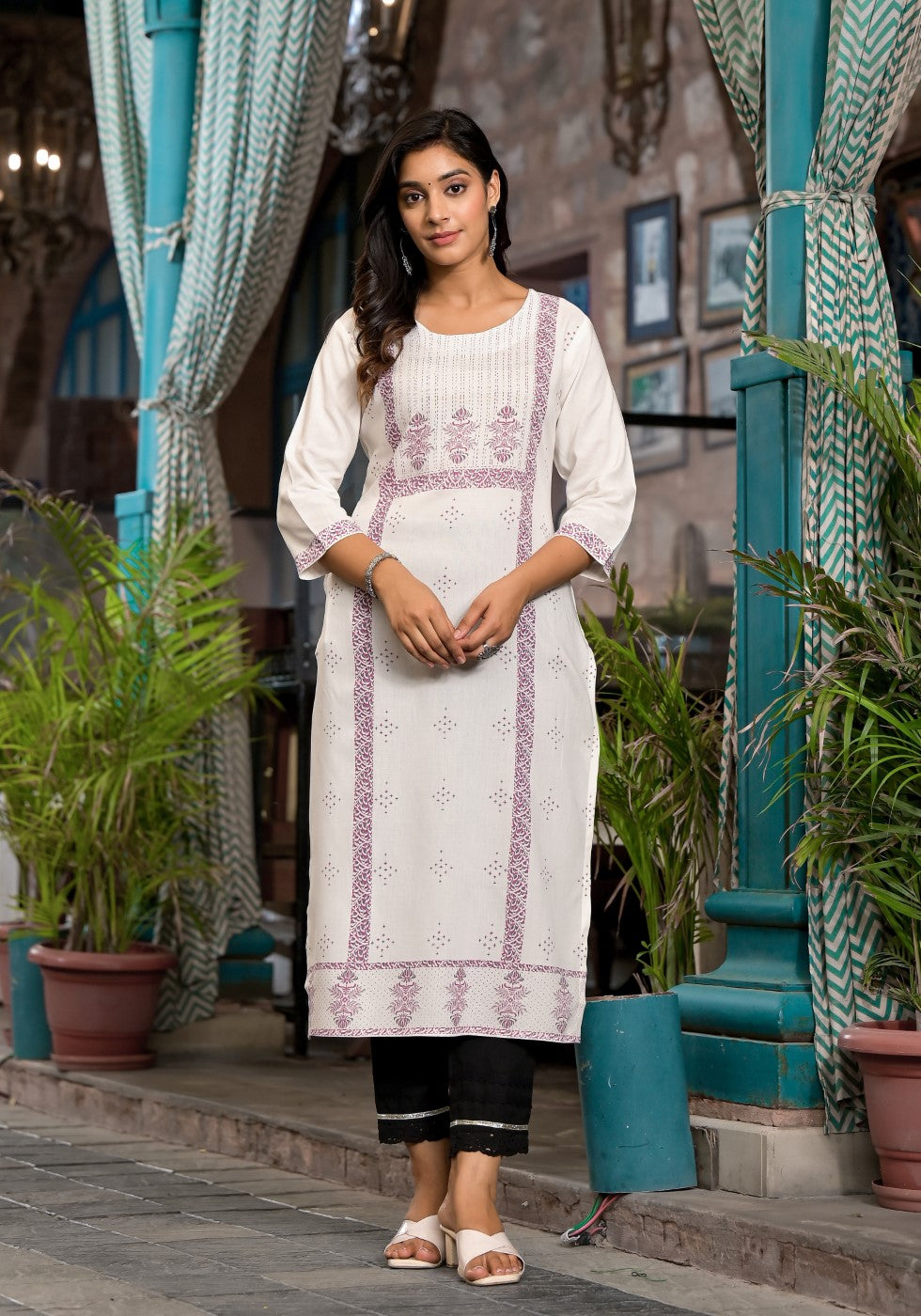 Juniper Women's White Ethnic Motif Printed Rayon Round NeckKurta With Straight Hemline - Distacart