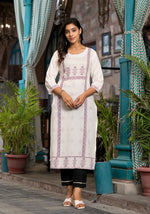 Thumbnail for Juniper Women's White Ethnic Motif Printed Rayon Round NeckKurta With Straight Hemline - Distacart