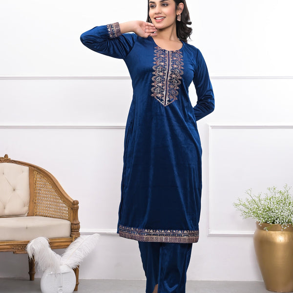 Juniper Women's Velvet Blue Kurta & Pant Set With Thread Work & Sequins - Distacart