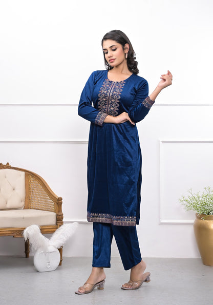 Juniper Women's Velvet Blue Kurta & Pant Set With Thread Work & Sequins - Distacart