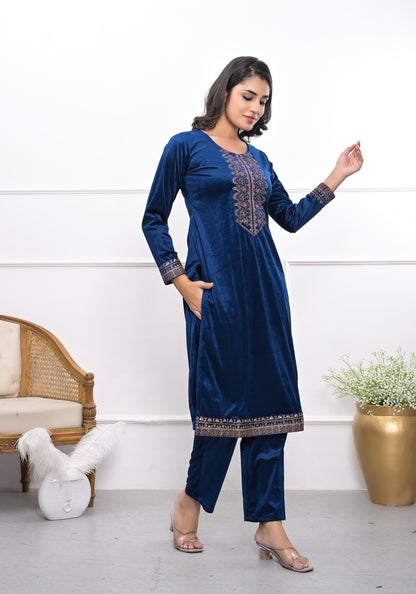 Juniper Women's Velvet Blue Kurta & Pant Set With Thread Work & Sequins - Distacart
