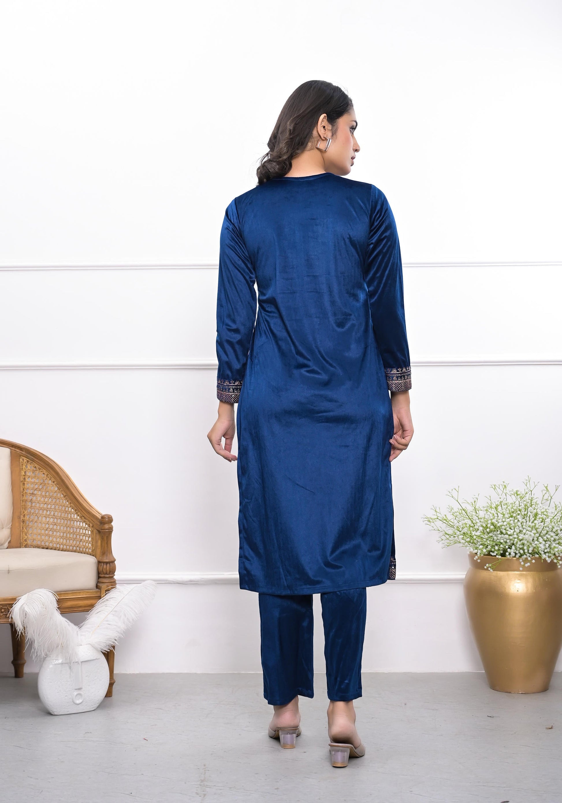 Juniper Women's Velvet Blue Kurta & Pant Set With Thread Work & Sequins - Distacart