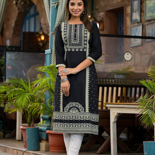 Juniper Women's Black Ethnic Motif Printed Rayon KurtaWith Straight Hemline And Buttons - Distacart