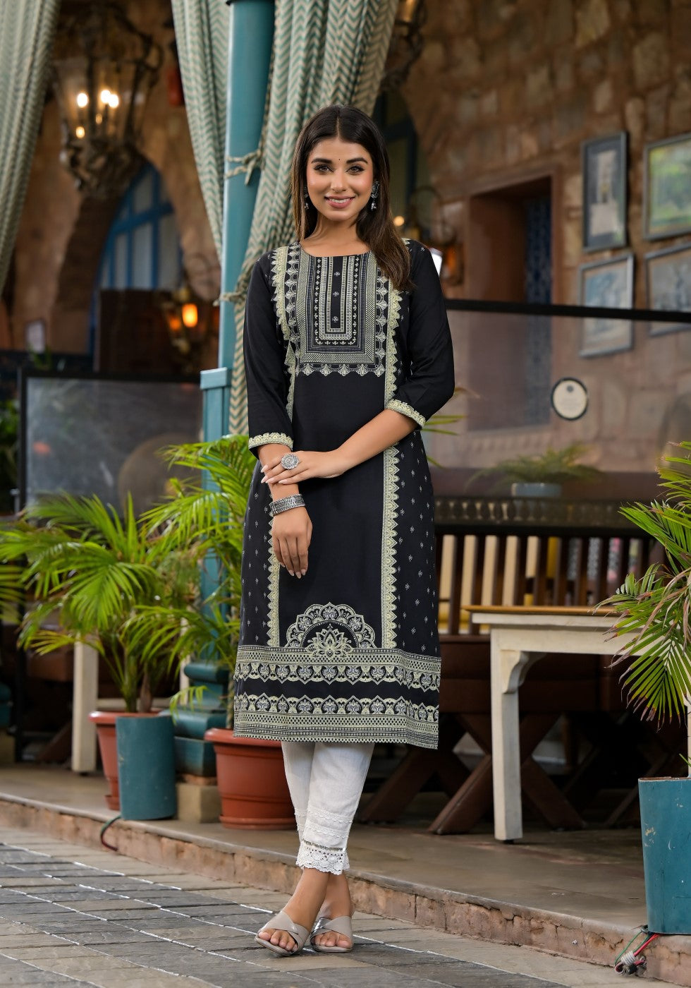 Juniper Women's Black Ethnic Motif Printed Rayon KurtaWith Straight Hemline And Buttons - Distacart