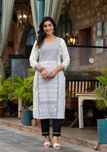 Thumbnail for Juniper Women's White Ethnic Motif Printed Rayon Kurta With Straight Hemline - Distacart