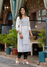 Thumbnail for Juniper Women's White Ethnic Motif Printed Rayon Kurta With Straight Hemline - Distacart