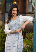 Thumbnail for Juniper Women's White Ethnic Motif Printed Rayon Kurta With Straight Hemline - Distacart