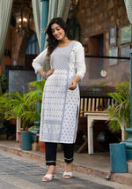 Thumbnail for Juniper Women's White Ethnic Motif Printed Rayon Kurta With Straight Hemline - Distacart