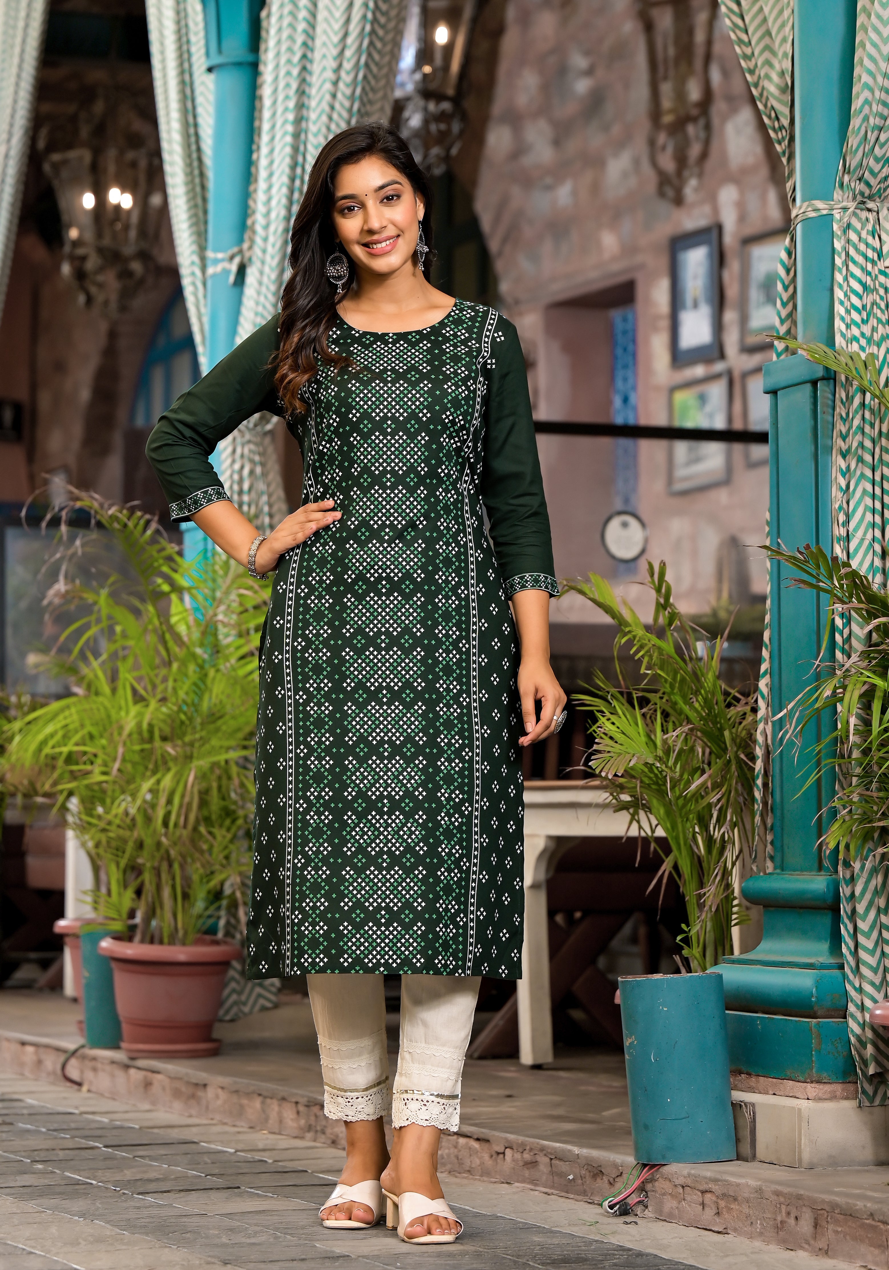 Juniper Women's Green Ethnic Motif Printed Round NeckRayon Kurta With Straight Hemline - Distacart