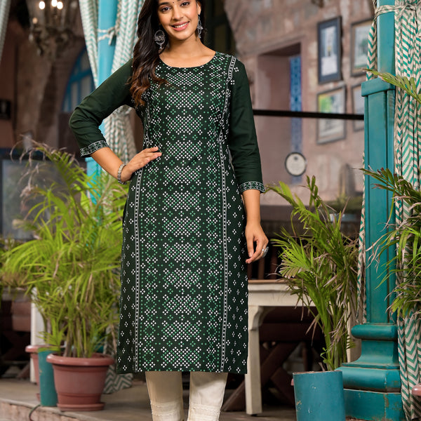 Juniper Women's Green Ethnic Motif Printed Round NeckRayon Kurta With Straight Hemline - Distacart