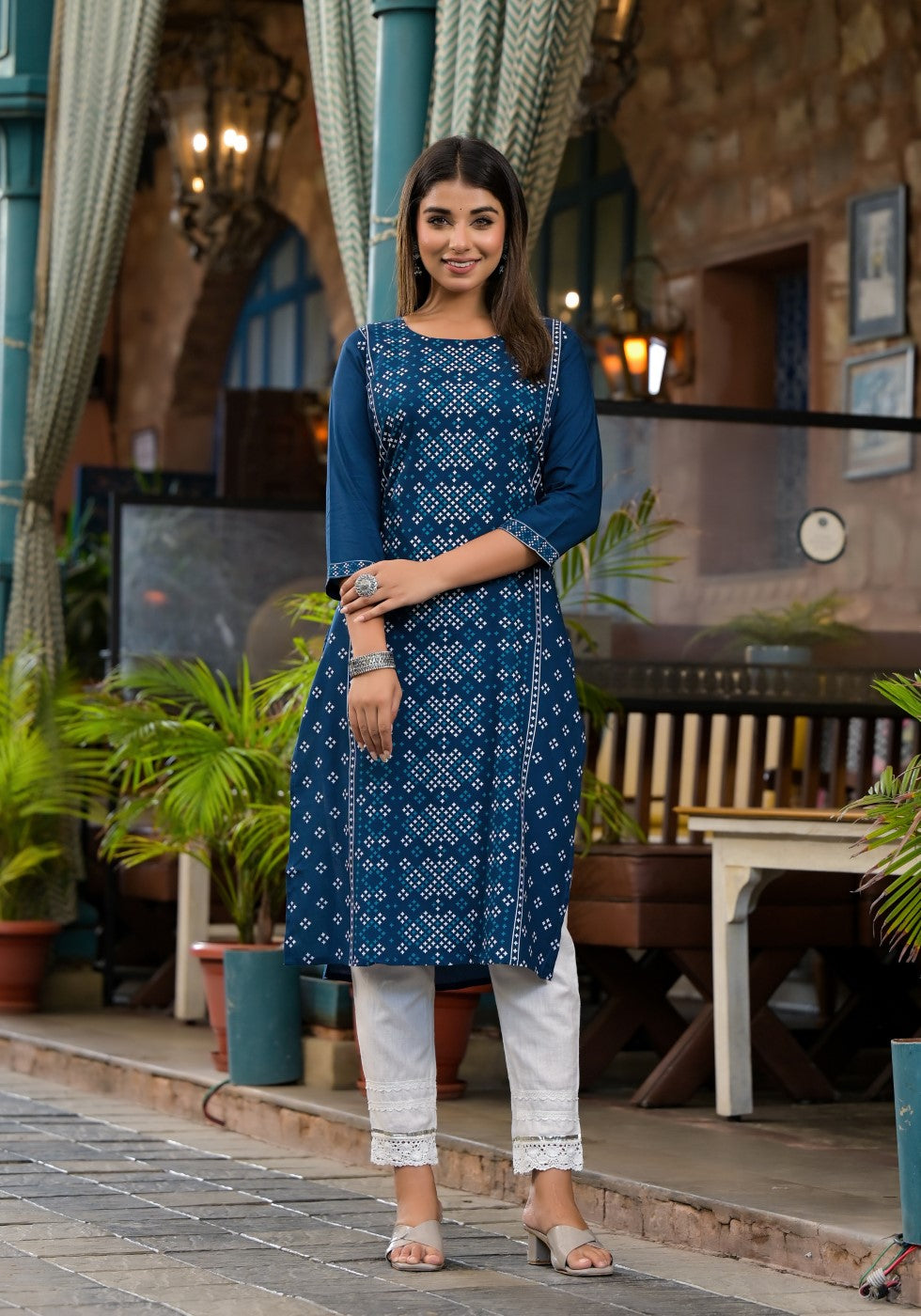 Juniper Women's Teal Ethnic Motif Printed Round Neck Rayon Kurta With Straight Hemline - Distacart