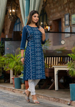 Thumbnail for Juniper Women's Teal Ethnic Motif Printed Round Neck Rayon Kurta With Straight Hemline - Distacart