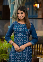 Thumbnail for Juniper Women's Teal Ethnic Motif Printed Round Neck Rayon Kurta With Straight Hemline - Distacart