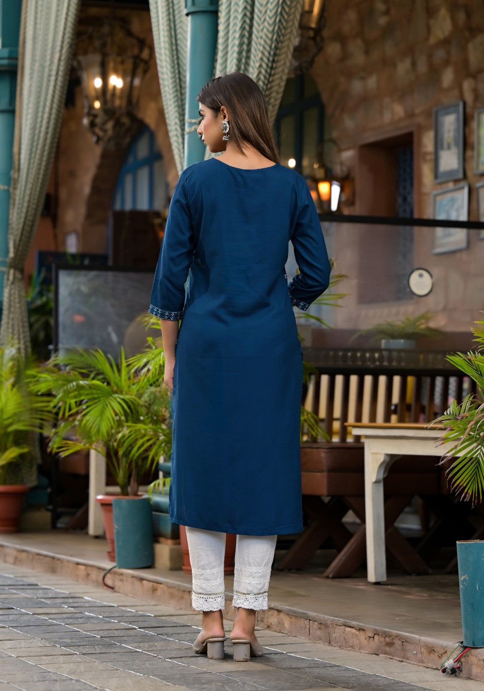 Juniper Women's Teal Ethnic Motif Printed Round Neck Rayon Kurta With Straight Hemline - Distacart