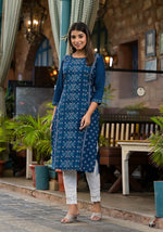 Thumbnail for Juniper Women's Teal Ethnic Motif Printed Round Neck Rayon Kurta With Straight Hemline - Distacart