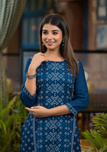 Thumbnail for Juniper Women's Teal Ethnic Motif Printed Round Neck Rayon Kurta With Straight Hemline - Distacart