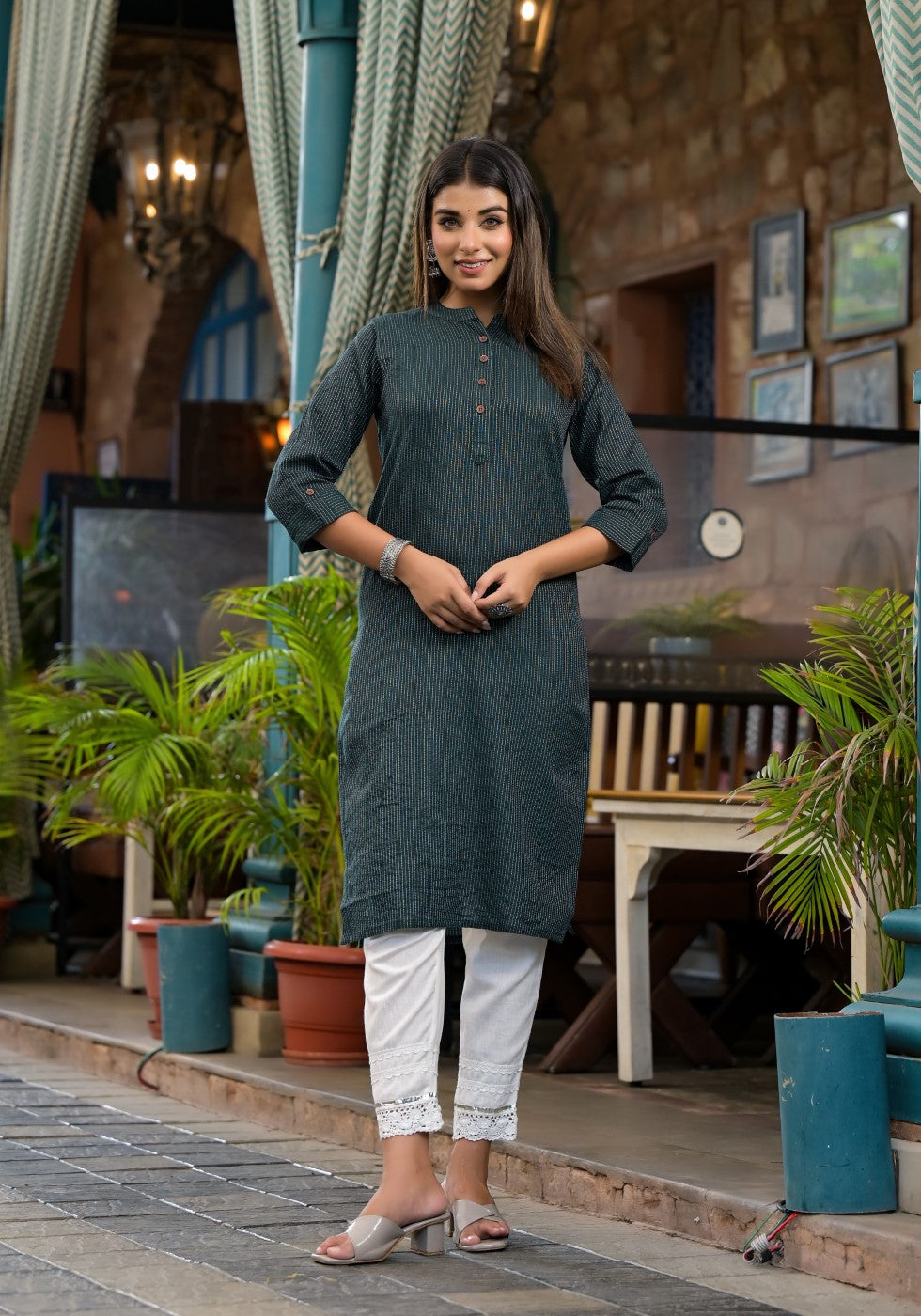 Juniper Women's Bottle Green Striped Printed Cotton Kurta With Button Detail - Distacart