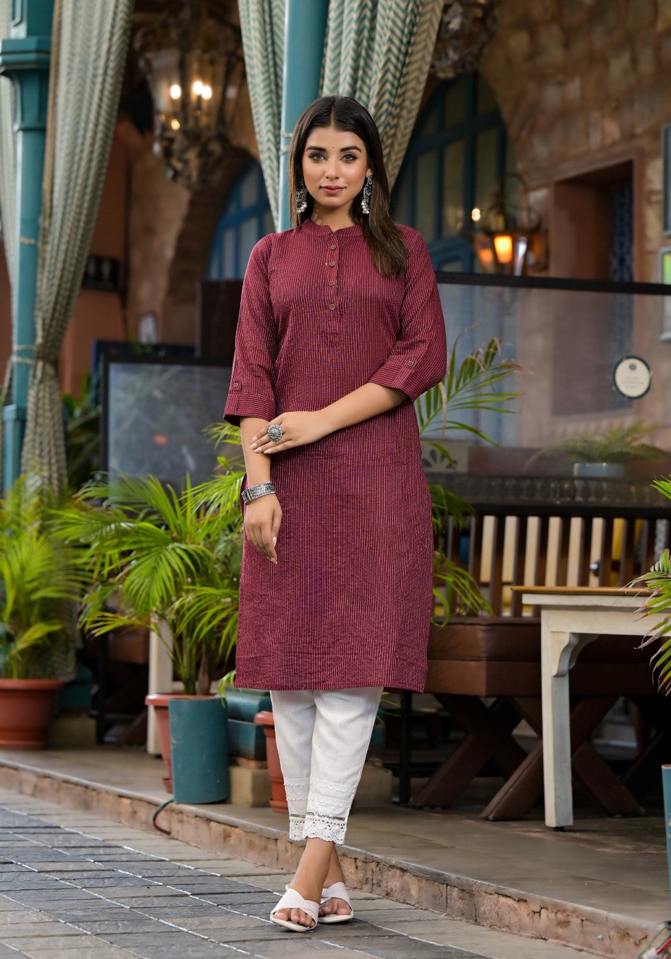 Juniper Women's Maroon Striped Printed Cotton Kurta With Button Detail - Distacart
