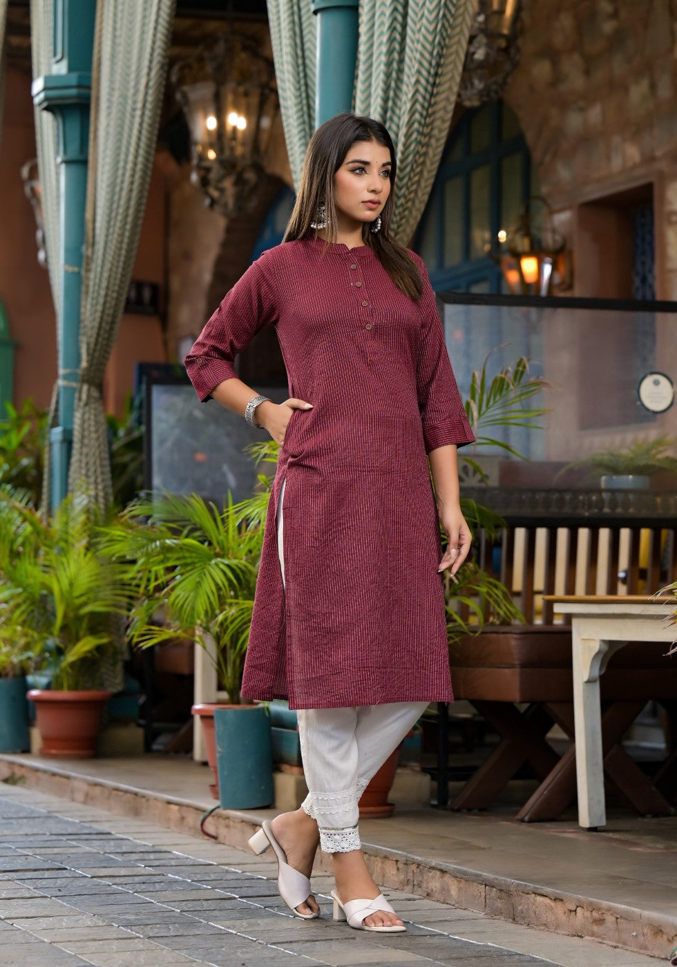 Juniper Women's Maroon Striped Printed Cotton Kurta With Button Detail - Distacart