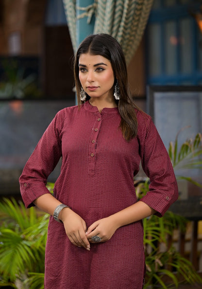 Juniper Women's Maroon Striped Printed Cotton Kurta With Button Detail - Distacart