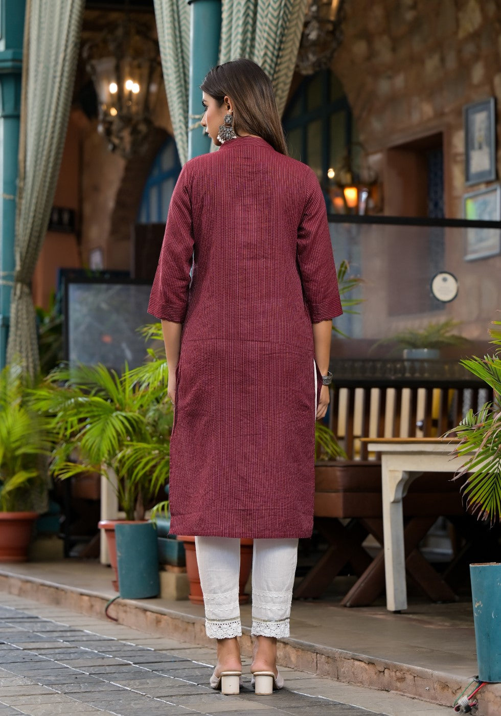 Juniper Women's Maroon Striped Printed Cotton Kurta With Button Detail - Distacart