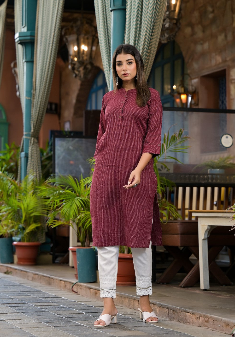 Juniper Women's Maroon Striped Printed Cotton Kurta With Button Detail - Distacart