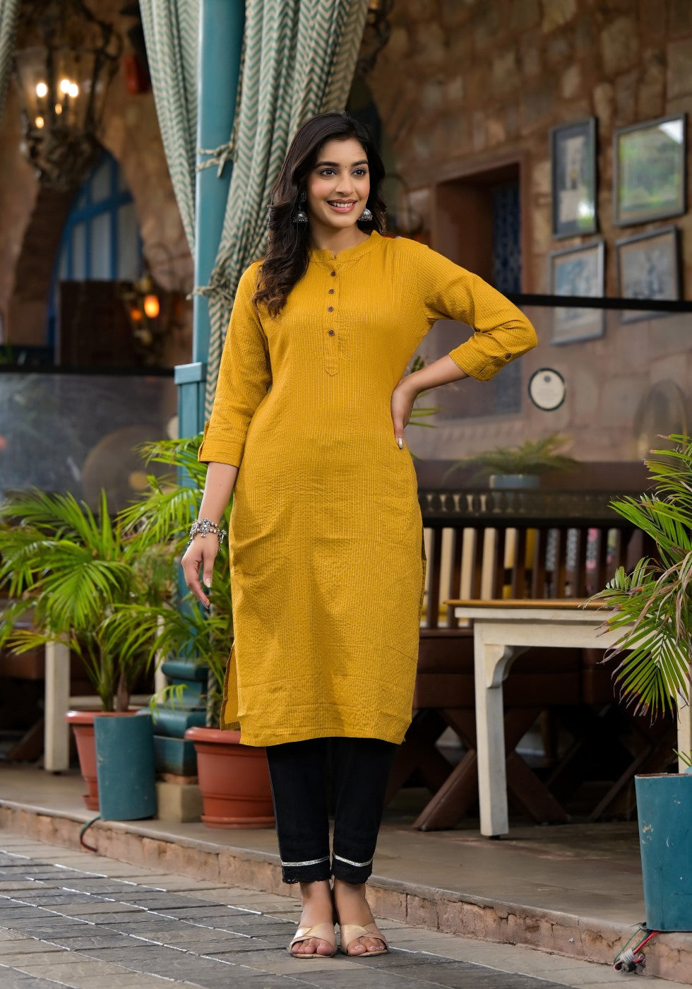 Juniper Women's Mustard Striped Printed Cotton Kurta With Button Detail - Distacart