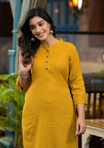 Thumbnail for Juniper Women's Mustard Striped Printed Cotton Kurta With Button Detail - Distacart