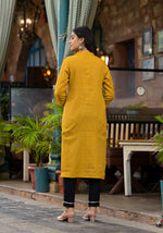 Thumbnail for Juniper Women's Mustard Striped Printed Cotton Kurta With Button Detail - Distacart