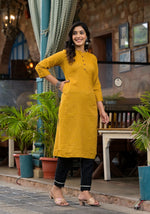 Thumbnail for Juniper Women's Mustard Striped Printed Cotton Kurta With Button Detail - Distacart