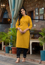 Thumbnail for Juniper Women's Mustard Striped Printed Cotton Kurta With Button Detail - Distacart