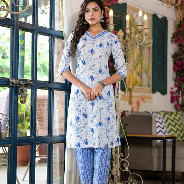 Juniper Women's Blue Floral Printed Cotton Kurta & Pant Set With Lace - Distacart